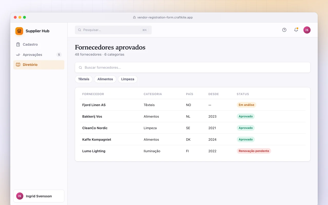 Formulário de cadastro de fornecedores: a tela Fornecedores aprovados