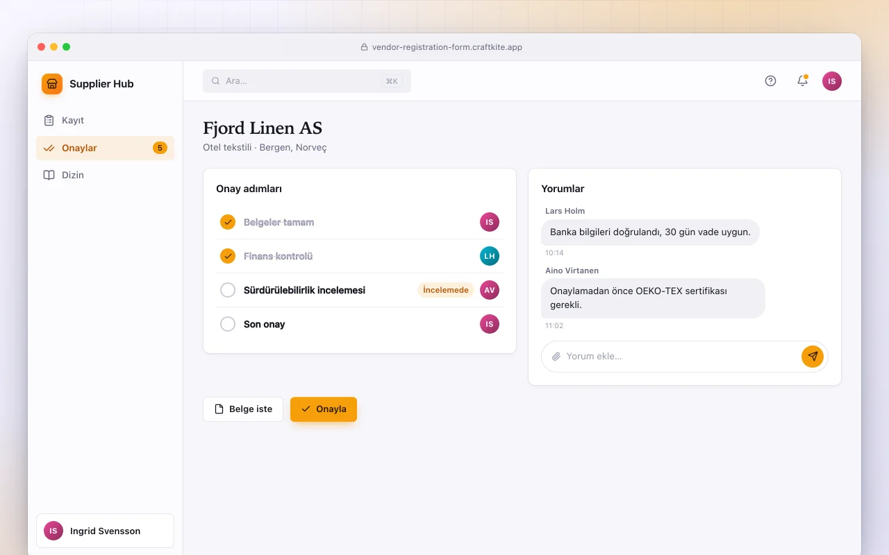 Tedarikçi kayıt formu: Fjord Linen AS ekranı