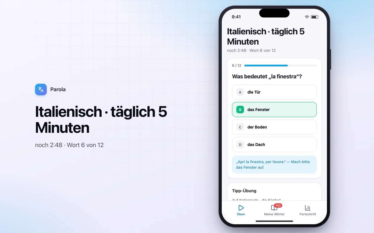 Vokabeltrainer: der Bildschirm „Italienisch · täglich 5 Minuten“