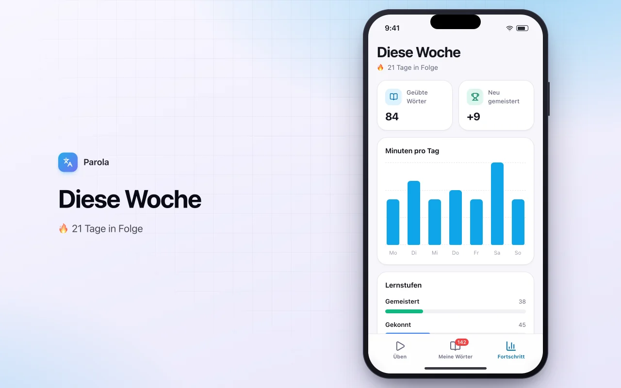 Vokabeltrainer: der Bildschirm „Diese Woche“