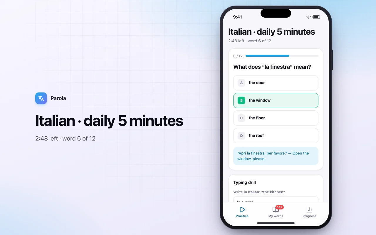 Language vocabulary trainer: the Italian · daily 5 minutes screen