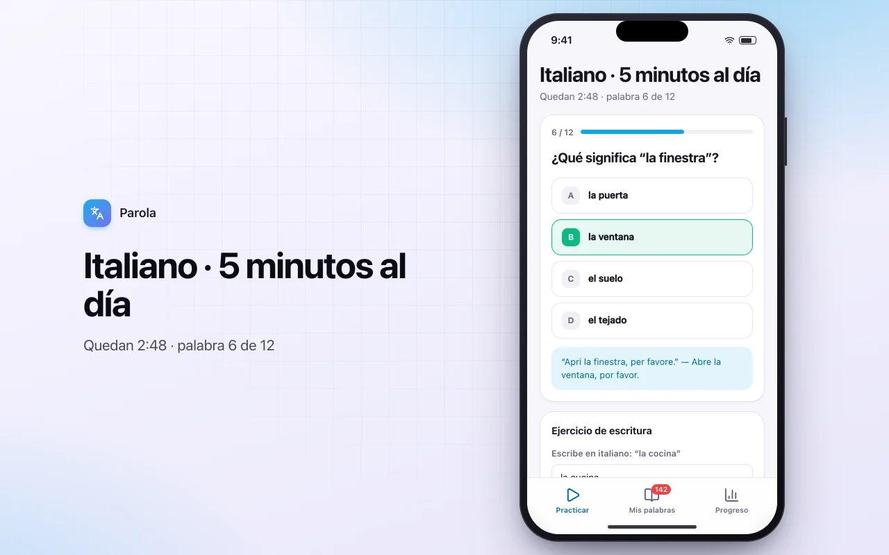 Entrenador de vocabulario de idiomas: la pantalla Italiano · 5 minutos al día