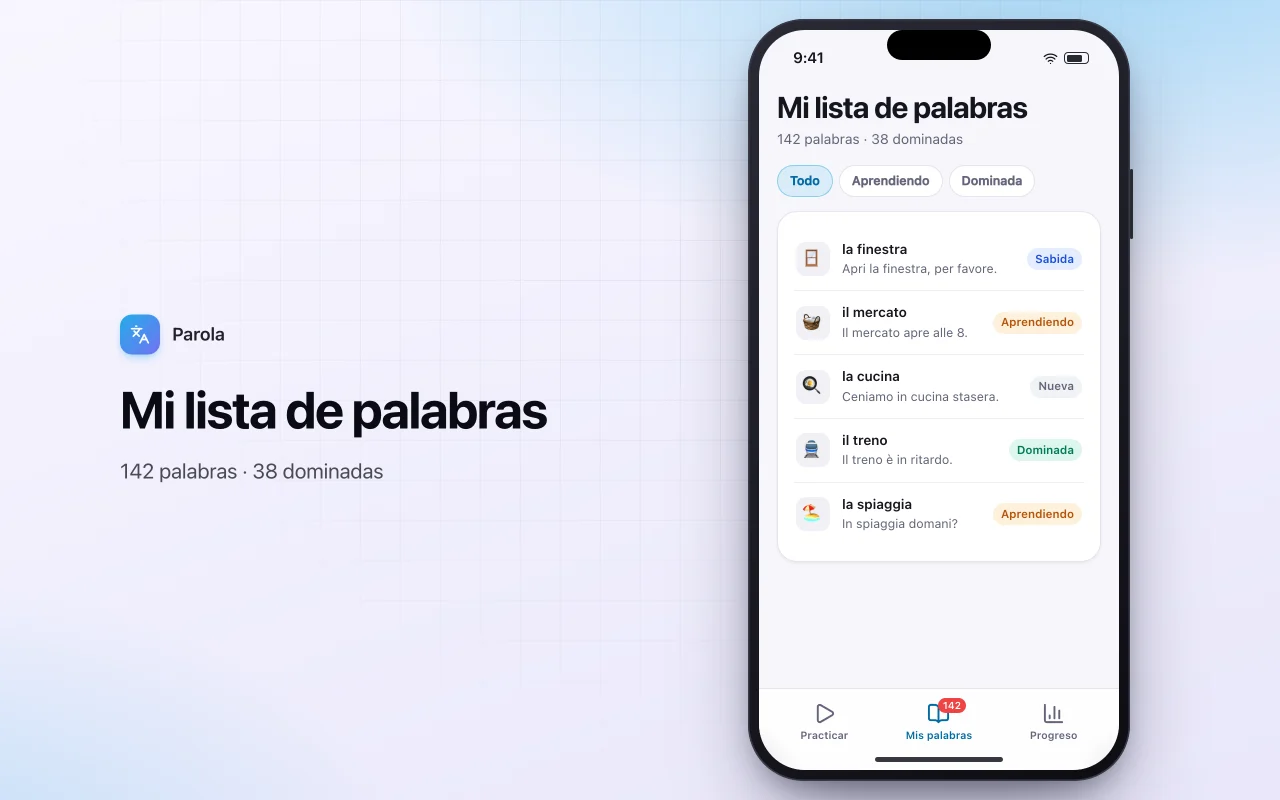 Entrenador de vocabulario de idiomas: la pantalla Mi lista de palabras