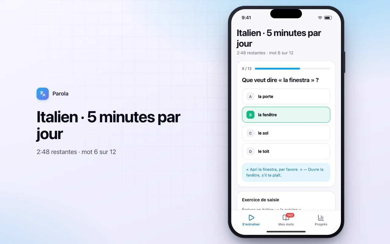 Entraîneur de vocabulaire : l’écran Italien · 5 minutes par jour