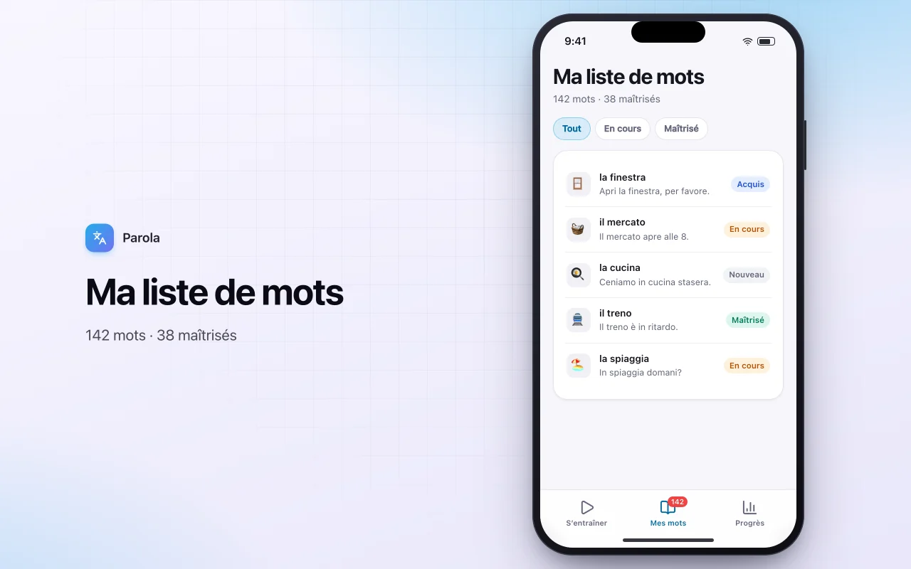 Entraîneur de vocabulaire : l’écran Ma liste de mots