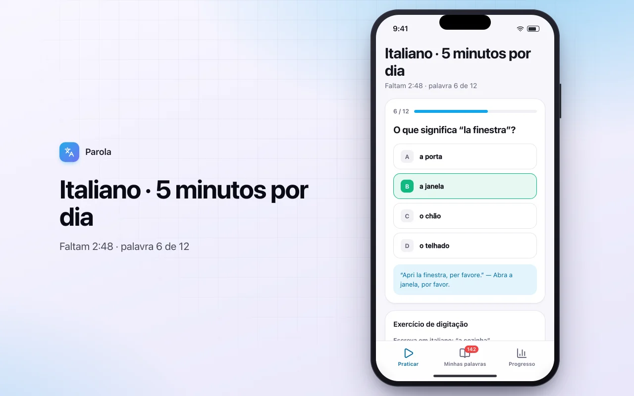 Treinador de vocabulário de idiomas: a tela Italiano · 5 minutos por dia