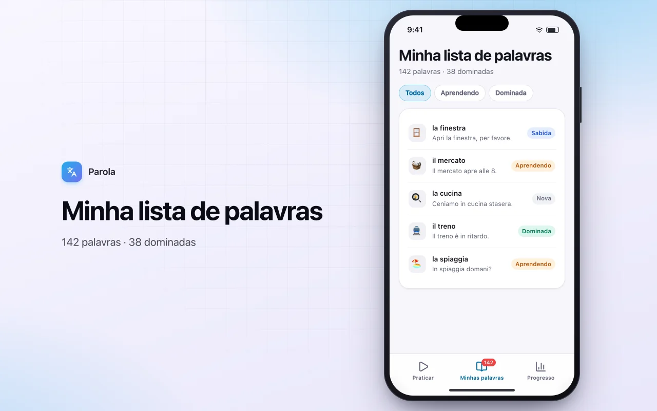Treinador de vocabulário de idiomas: a tela Minha lista de palavras