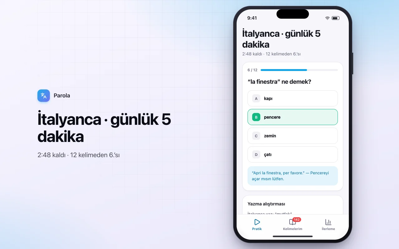 Yabancı dil kelime antrenörü: İtalyanca · günlük 5 dakika ekranı