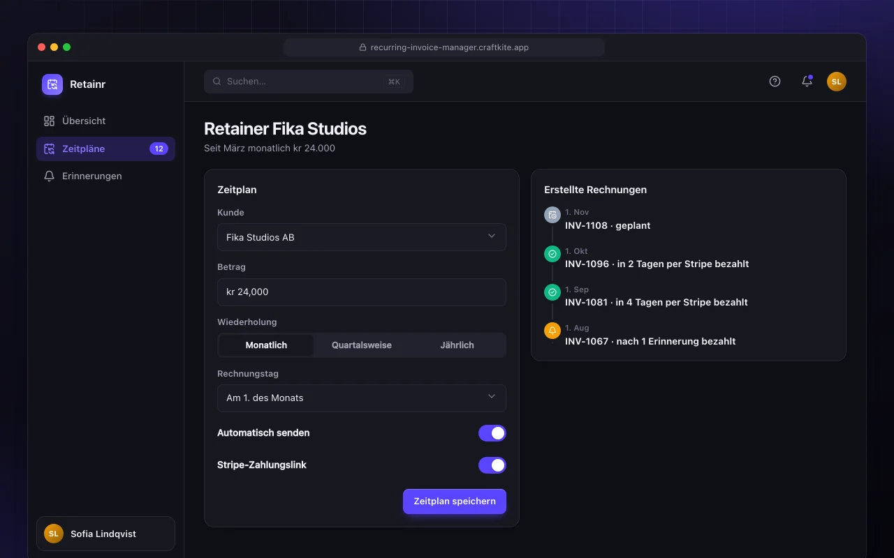 Verwaltung wiederkehrender Abrechnung: der Bildschirm „Retainer Fika Studios“