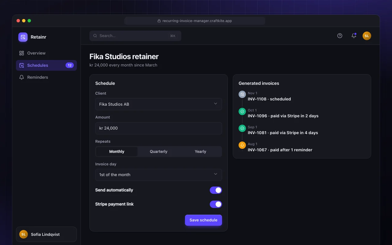 Recurring billing manager: the Fika Studios retainer screen