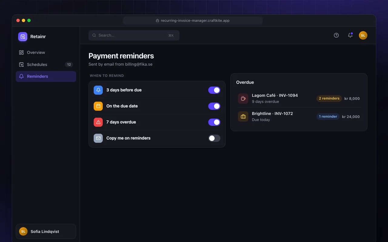 Recurring billing manager: the Payment reminders screen