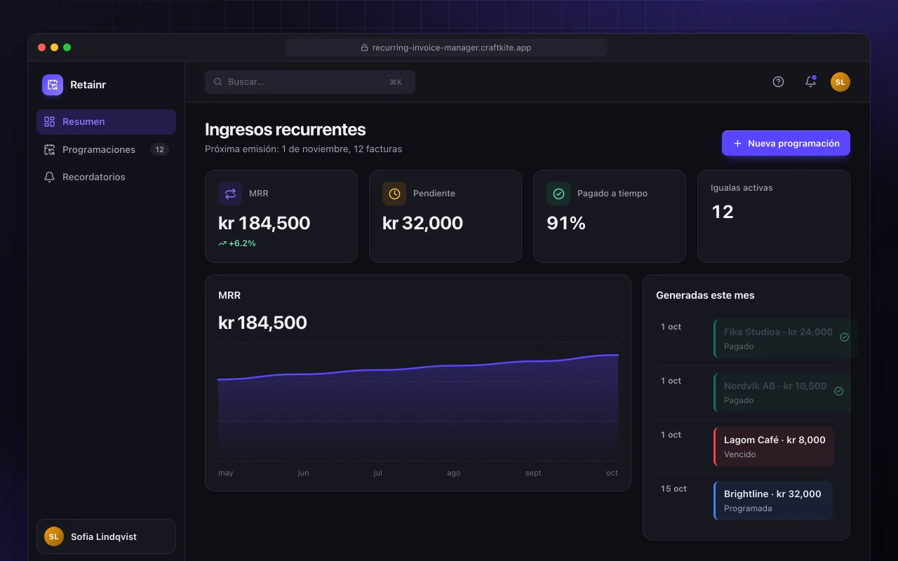 Gestor de facturación recurrente: la pantalla Ingresos recurrentes