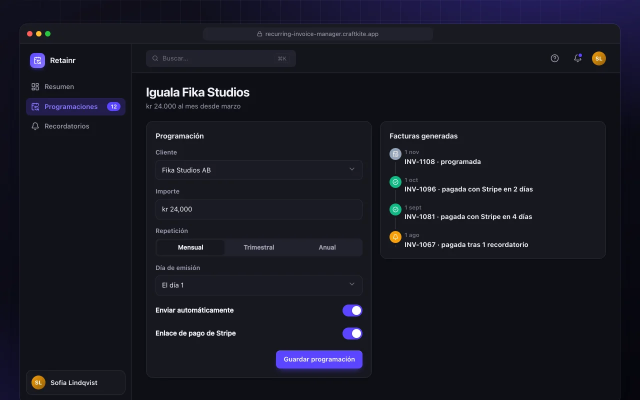 Gestor de facturación recurrente: la pantalla Iguala Fika Studios