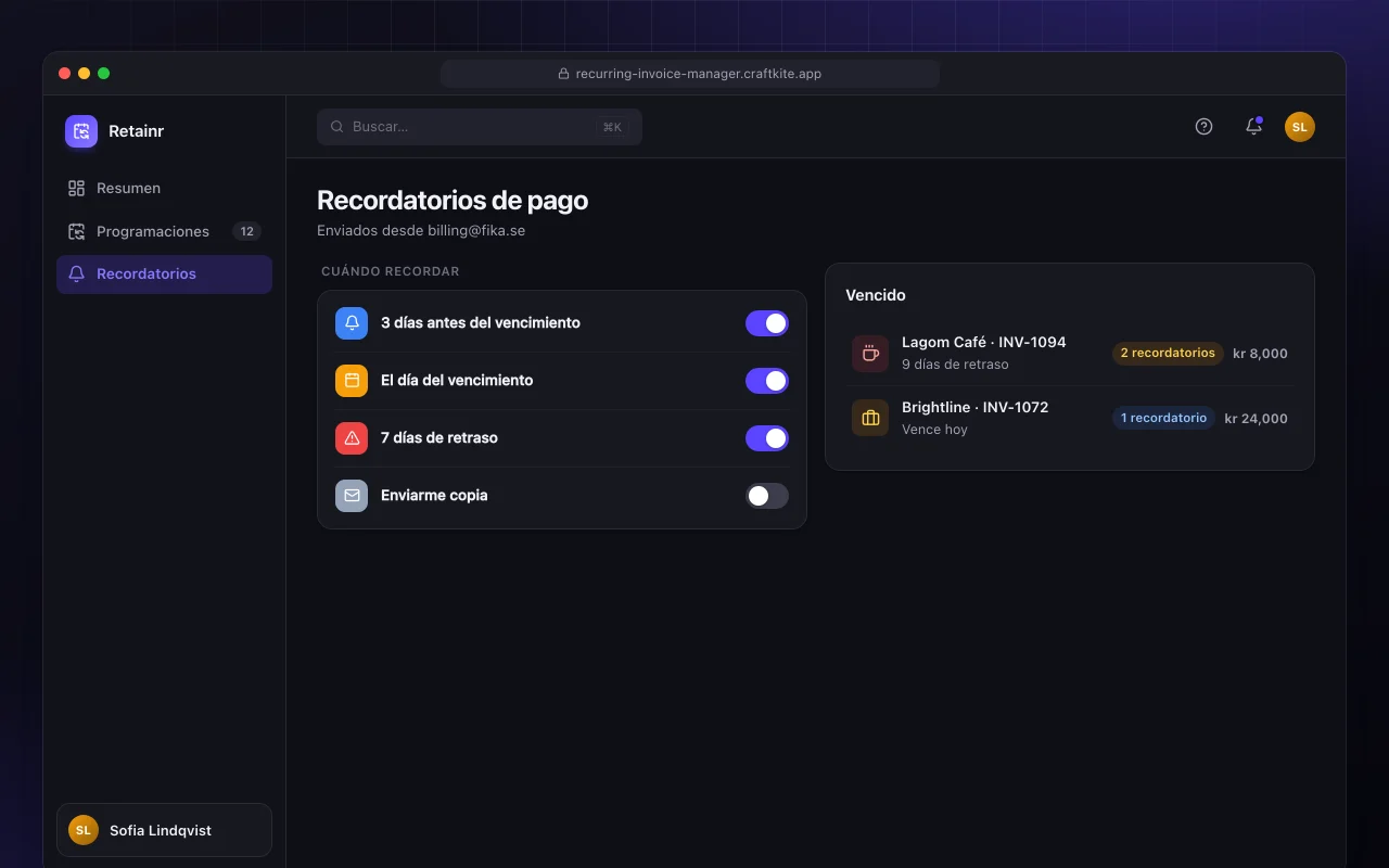 Gestor de facturación recurrente: la pantalla Recordatorios de pago