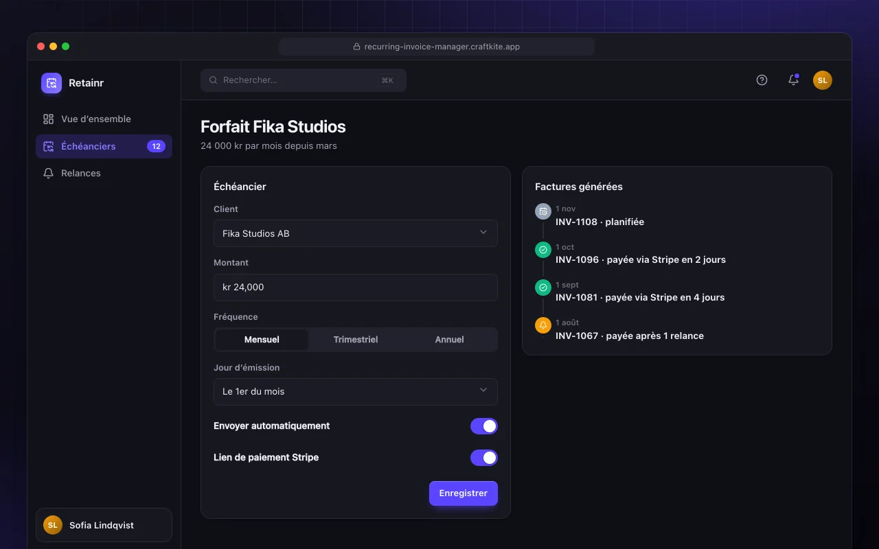 Gestion de facturation récurrente : l’écran Forfait Fika Studios