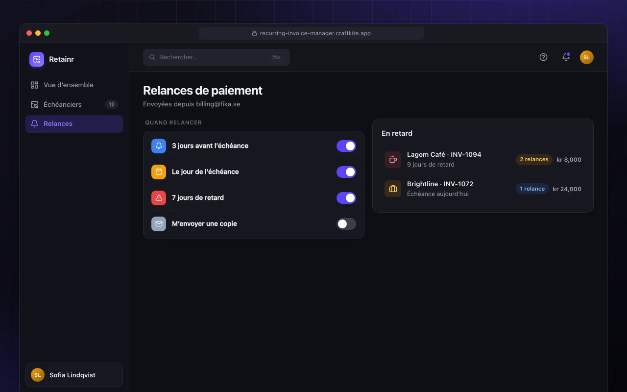 Gestion de facturation récurrente : l’écran Relances de paiement