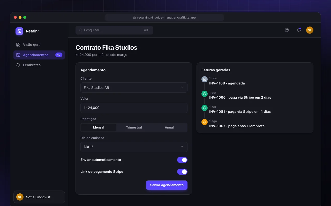 Gestão de cobranças recorrentes: a tela Contrato Fika Studios