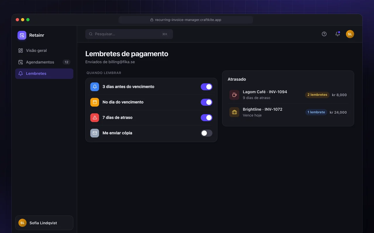 Gestão de cobranças recorrentes: a tela Lembretes de pagamento