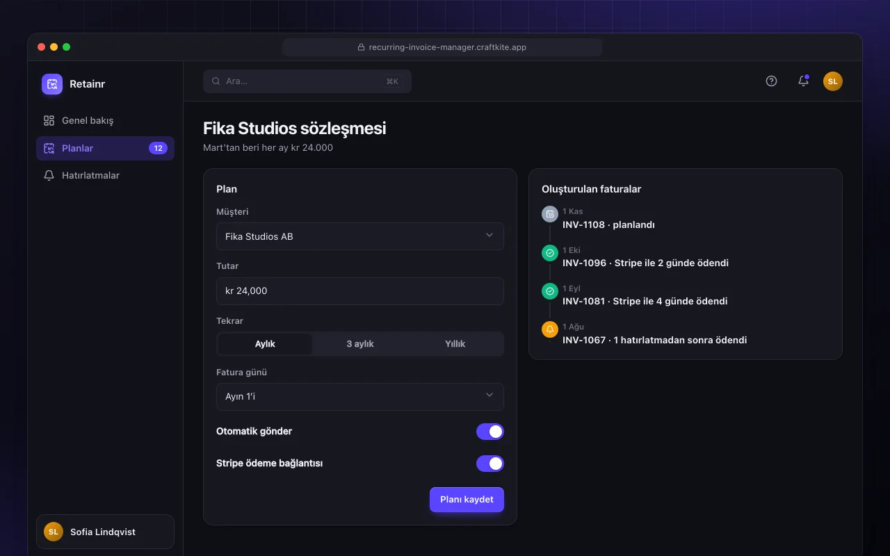 Yinelenen faturalama yöneticisi: Fika Studios sözleşmesi ekranı