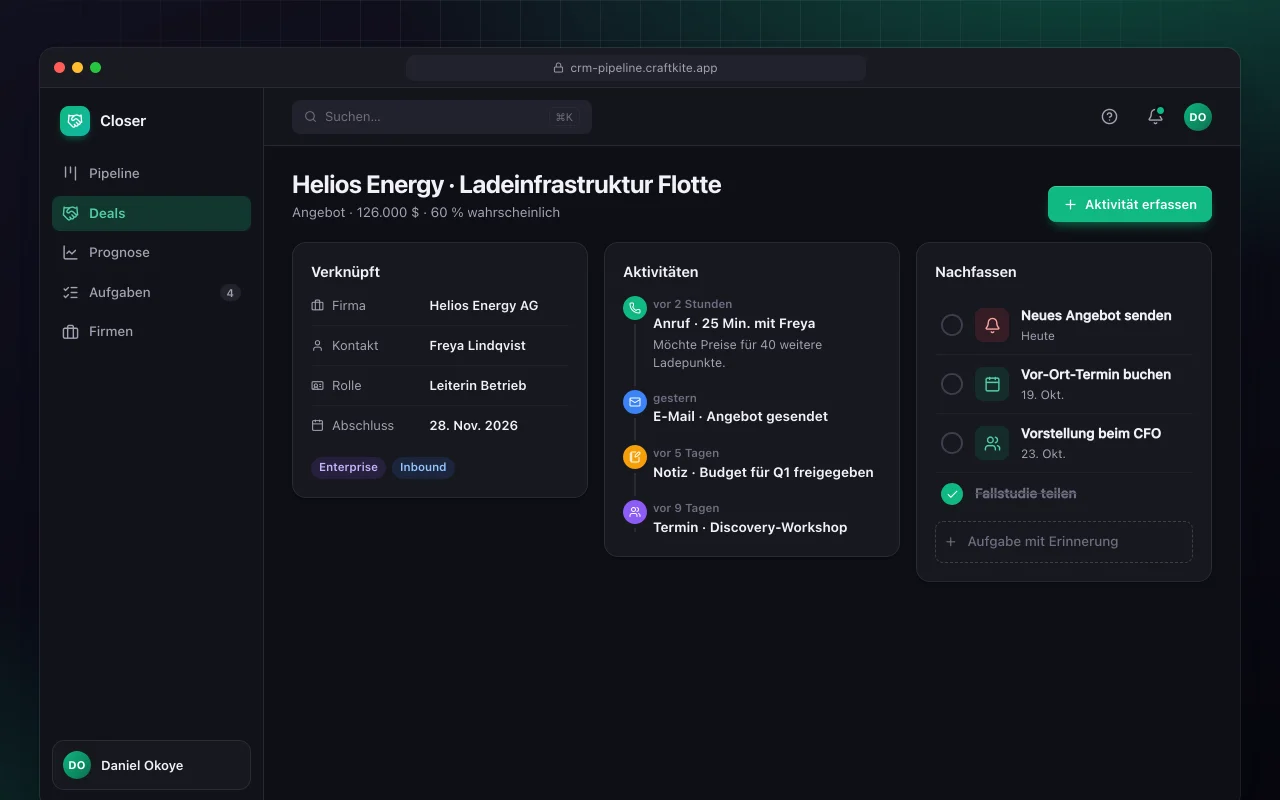 Vertriebs-CRM-Pipeline: der Bildschirm „Helios Energy · Ladeinfrastruktur Flotte“