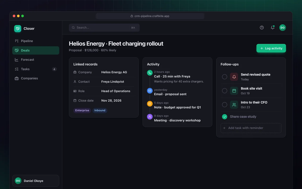 Sales CRM pipeline: the Helios Energy · Fleet charging rollout screen
