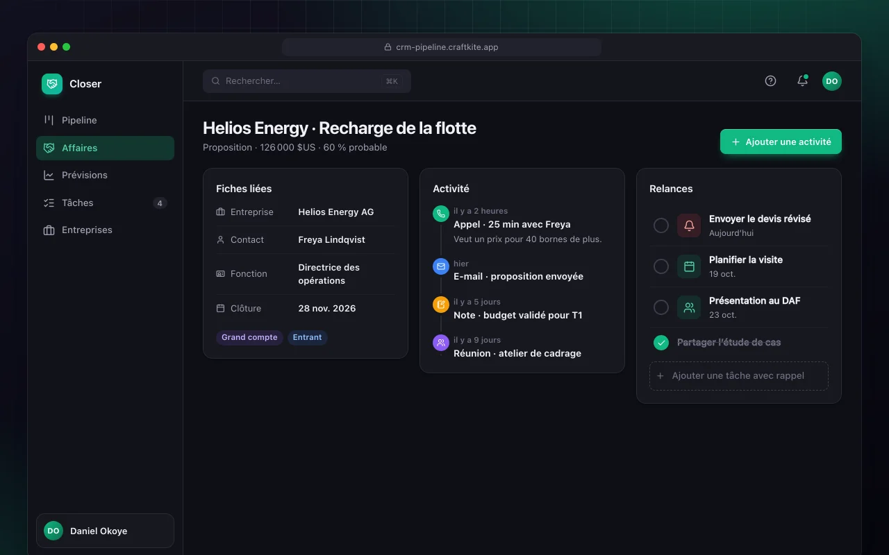 CRM et pipeline de ventes : l’écran Helios Energy · Recharge de la flotte