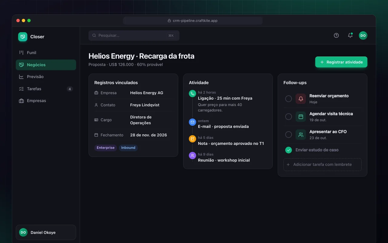 Funil de vendas CRM: a tela Helios Energy · Recarga da frota