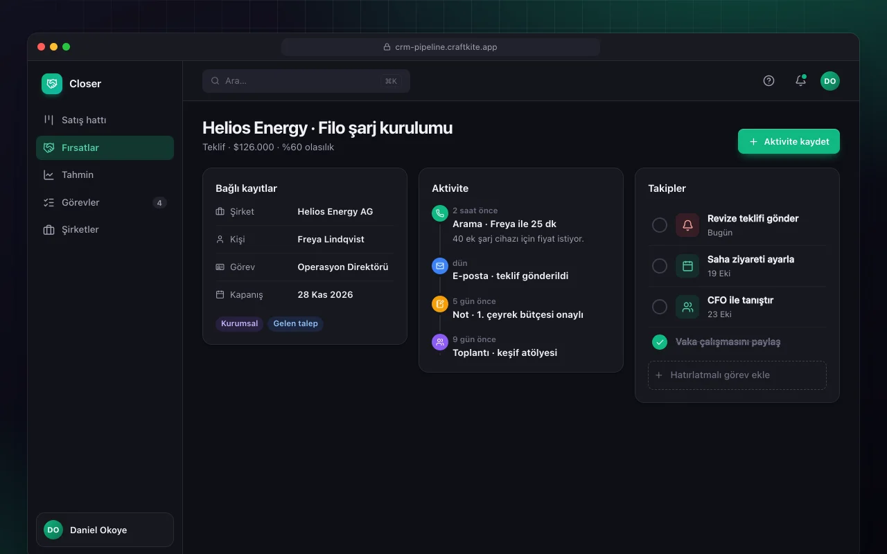 Satış CRM hattı: Helios Energy · Filo şarj kurulumu ekranı