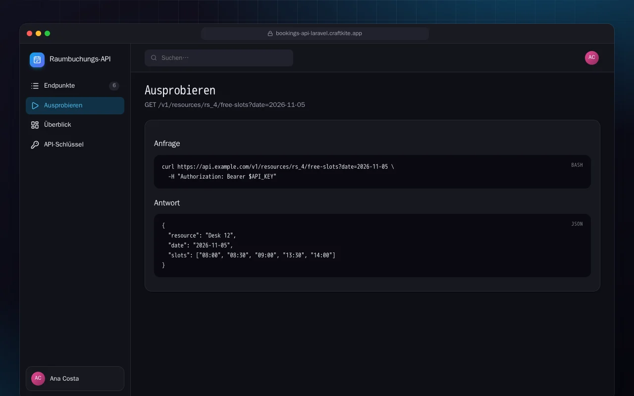 Raumbuchungs-API (Laravel): der Bildschirm „Ausprobieren“