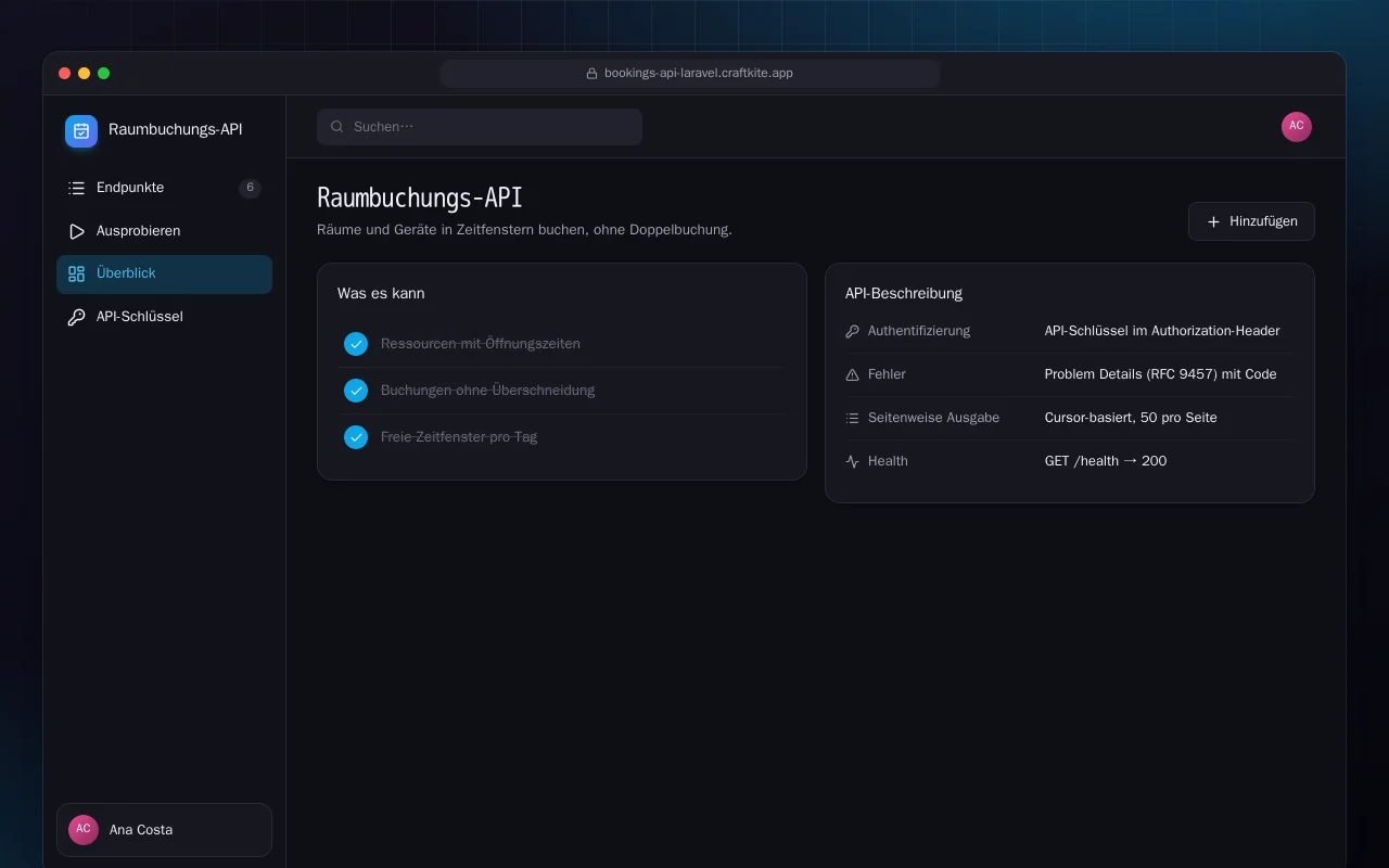 Raumbuchungs-API (Laravel): der Bildschirm „Raumbuchungs-API“