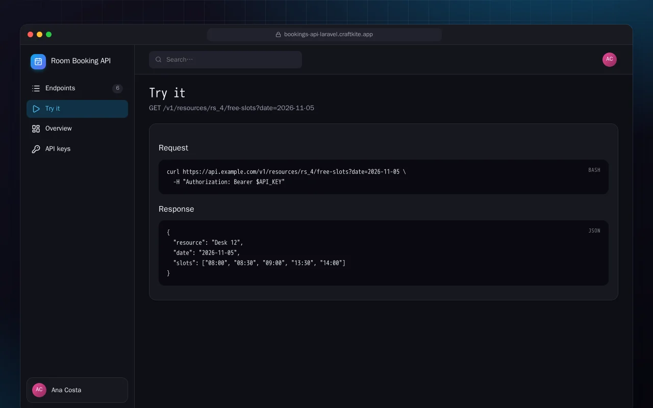 Room Booking API (Laravel): the Try it screen