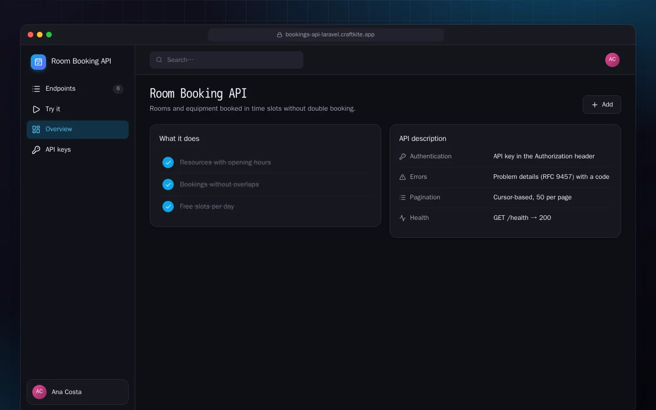 Room Booking API (Laravel): the Room Booking API screen