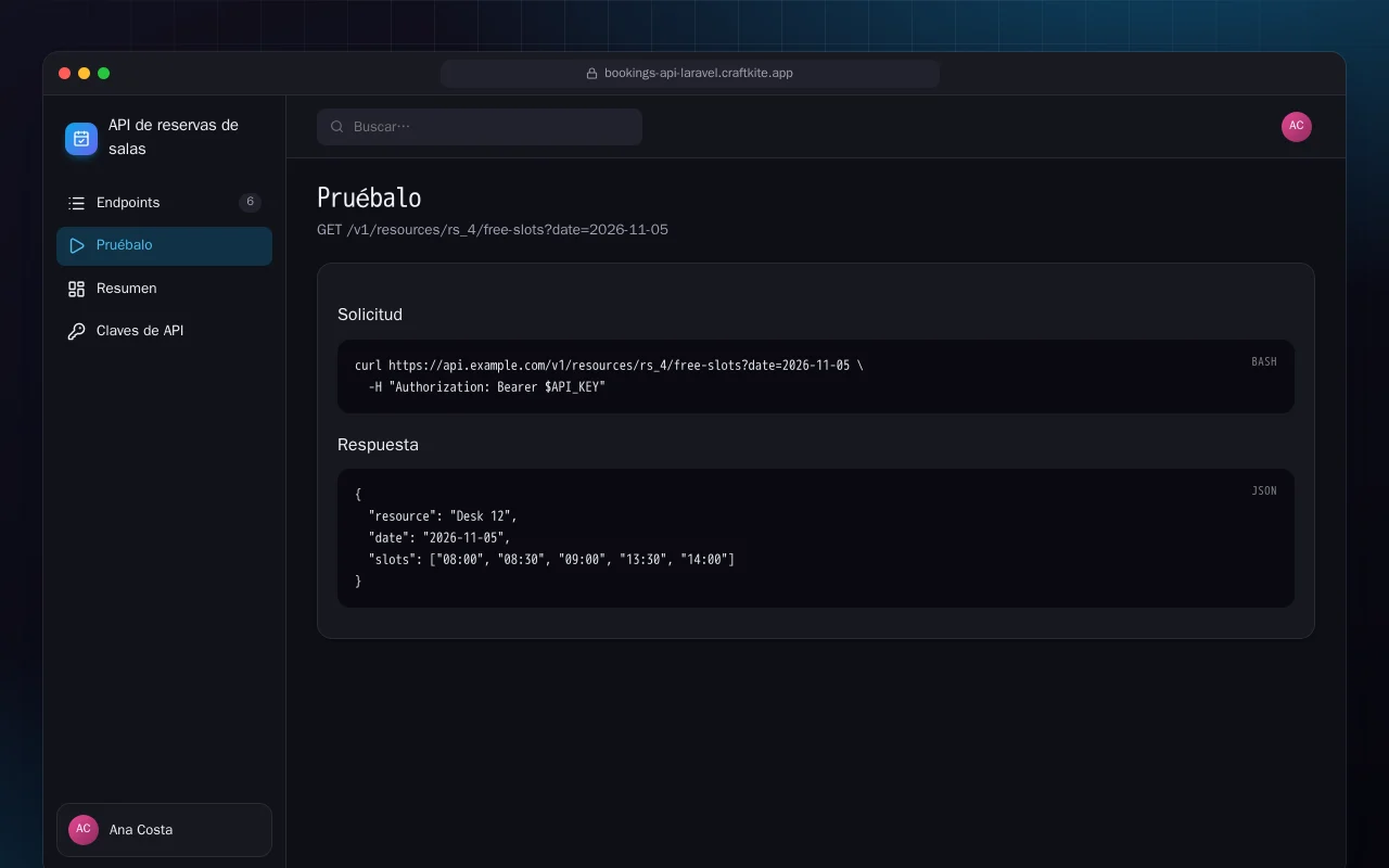 API de reservas de salas (Laravel): la pantalla Pruébalo