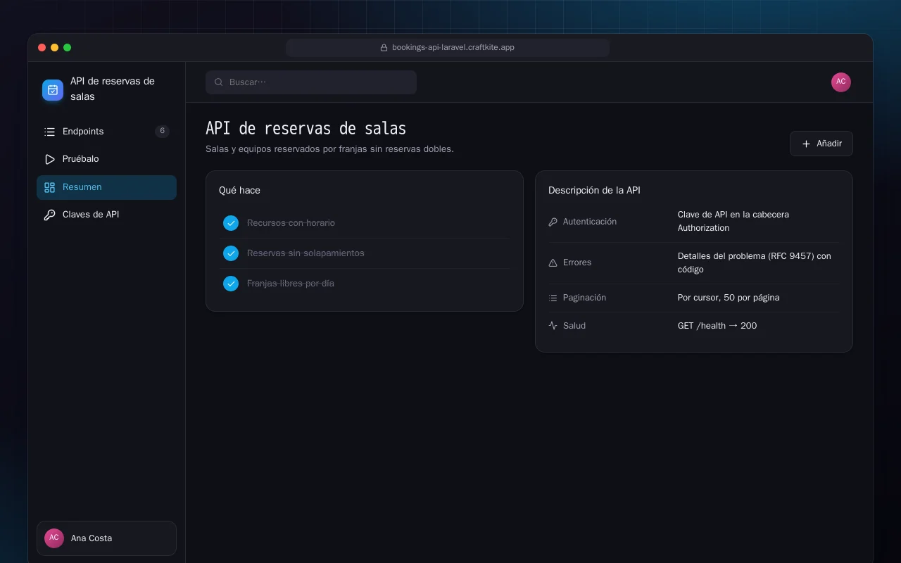 API de reservas de salas (Laravel): la pantalla API de reservas de salas