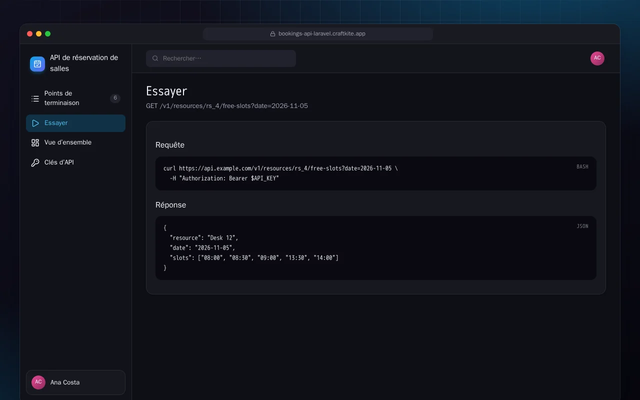 API de réservation de salles (Laravel) : l’écran Essayer