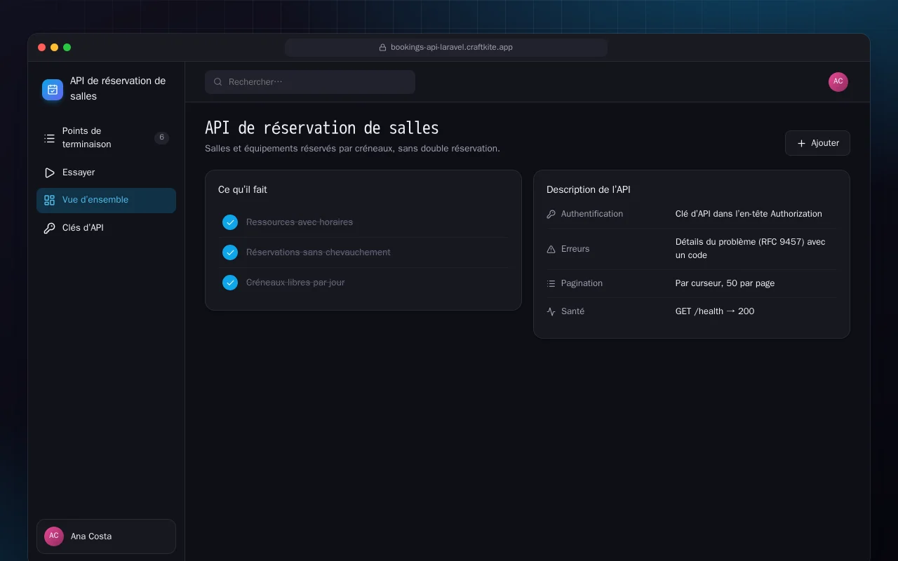 API de réservation de salles (Laravel) : l’écran API de réservation de salles