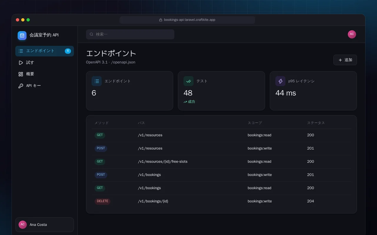 会議室予約 API（Laravel）：エンドポイント画面