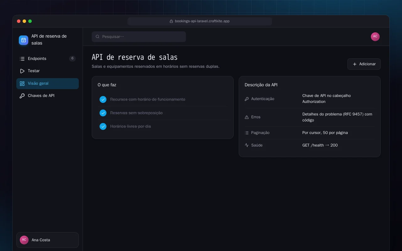API de reserva de salas (Laravel): a tela API de reserva de salas