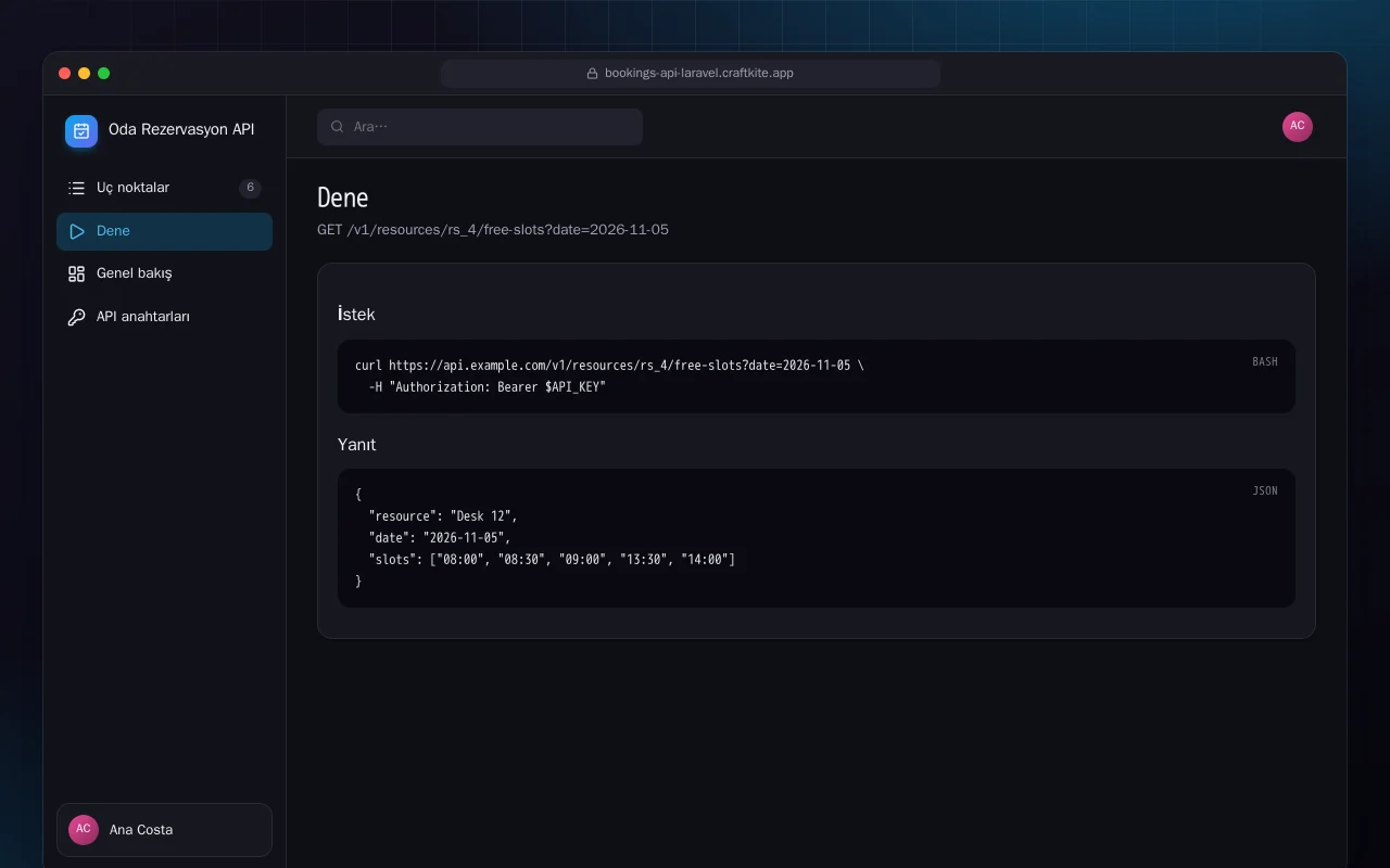 Oda Rezervasyon API (Laravel): Dene ekranı