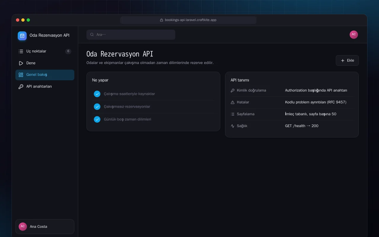 Oda Rezervasyon API (Laravel): Oda Rezervasyon API ekranı