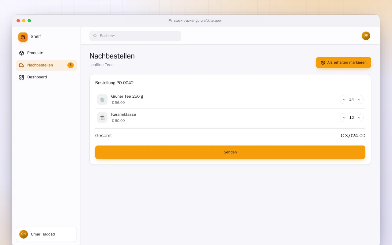 Lagerbestand (Go): der Bildschirm „Nachbestellen“