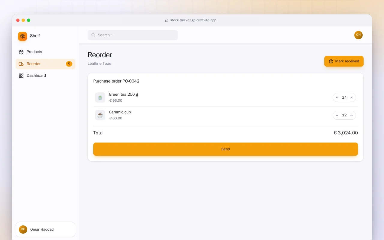 Stock Tracker (Go): the Reorder screen