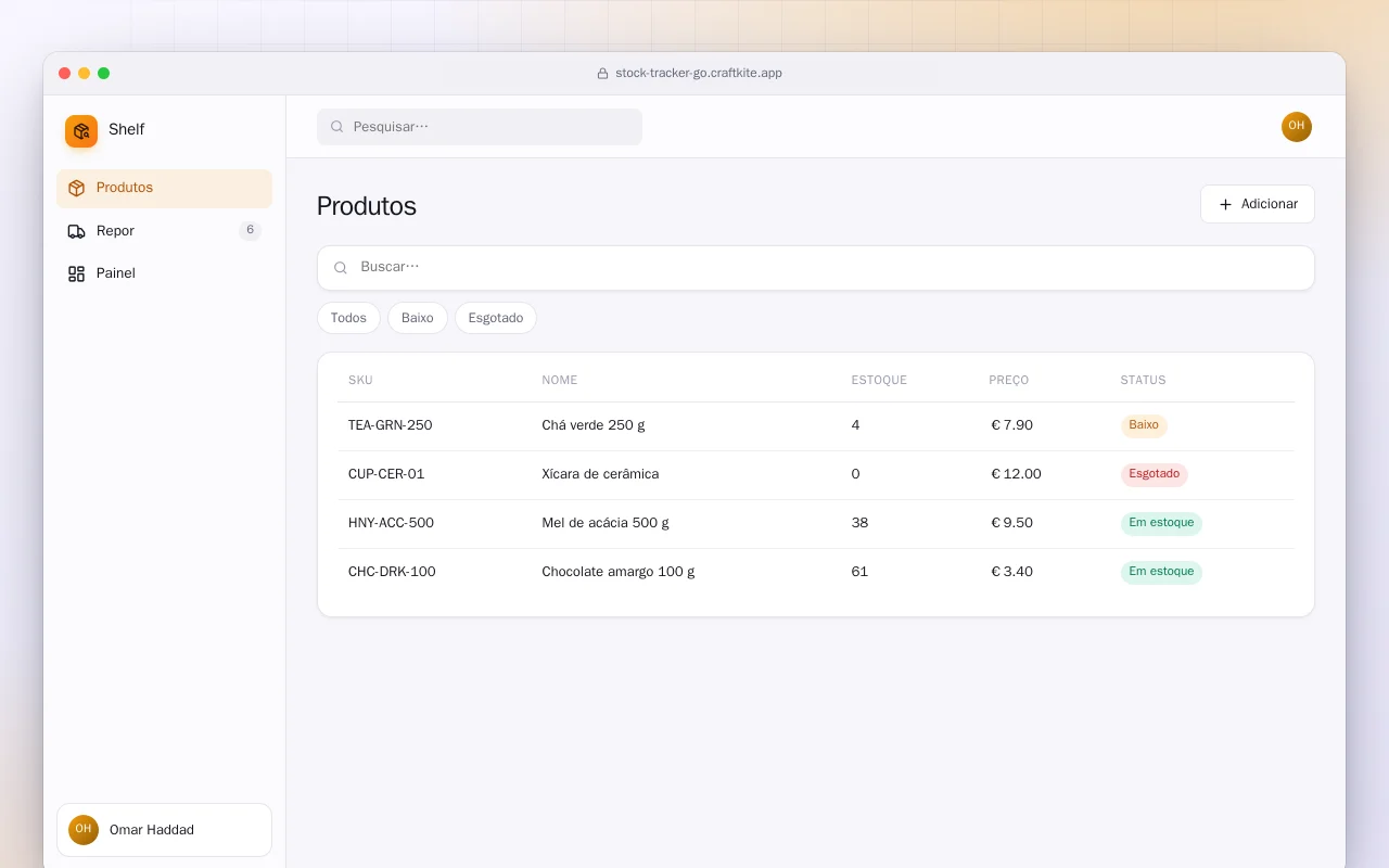 Controle de estoque (Go): a tela Produtos