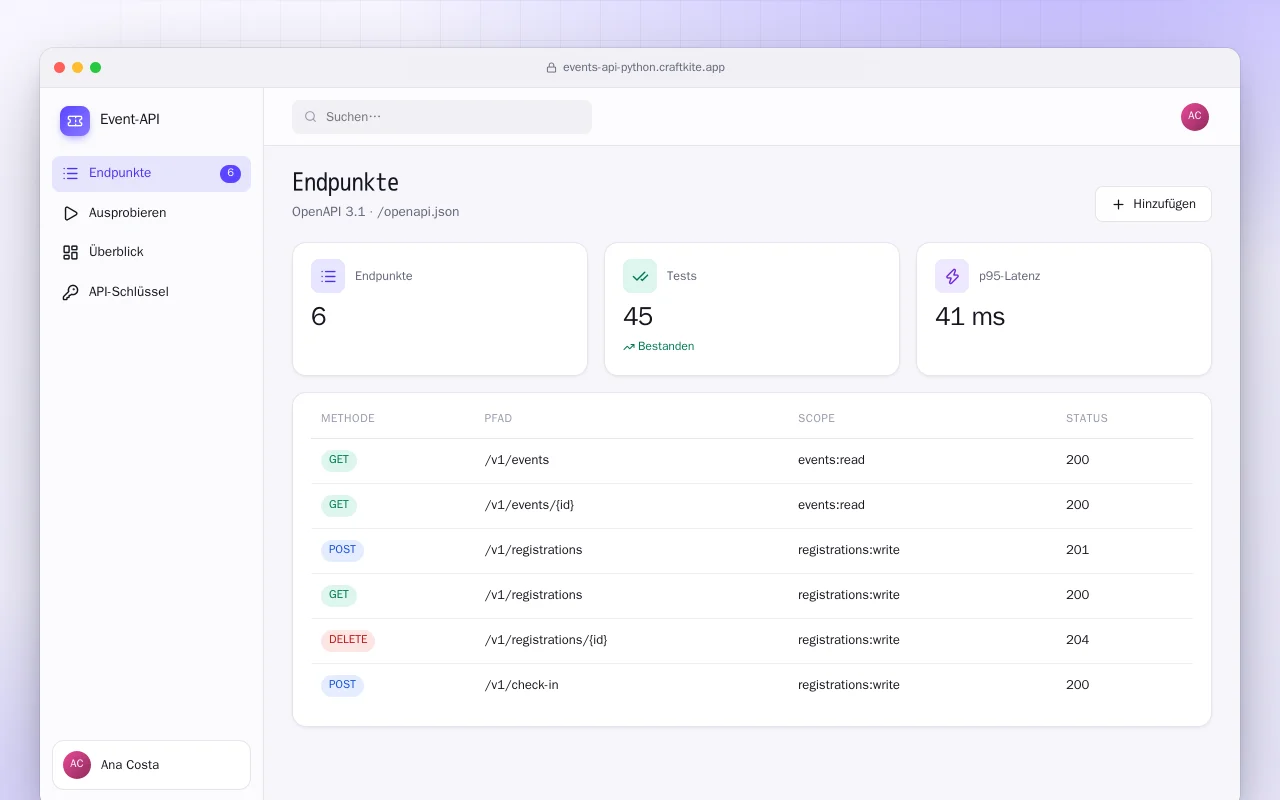 Event-API (Python): der Bildschirm „Endpunkte“