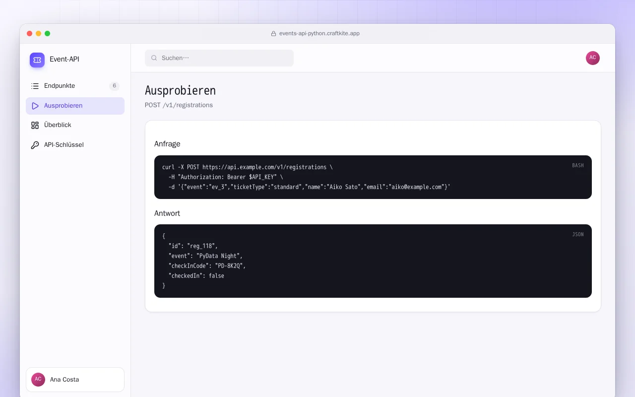 Event-API (Python): der Bildschirm „Ausprobieren“