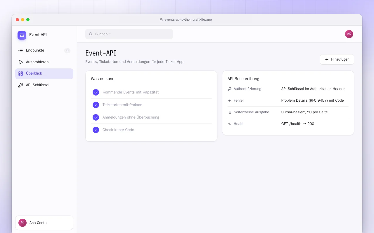 Event-API (Python): der Bildschirm „Event-API“