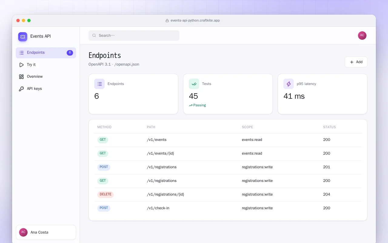 Events API (Python): the Endpoints screen
