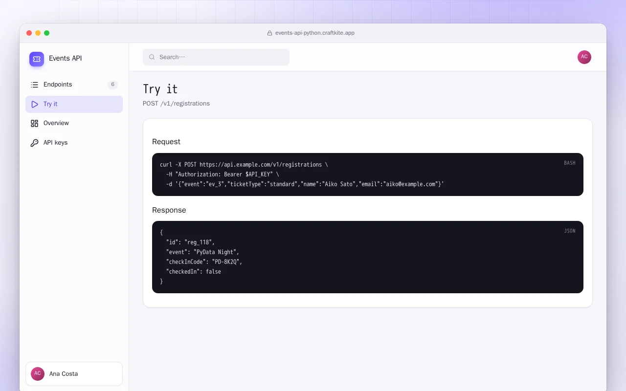 Events API (Python): the Try it screen