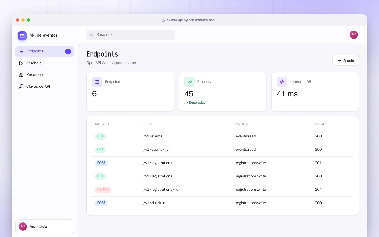 API de eventos (Python): la pantalla Endpoints