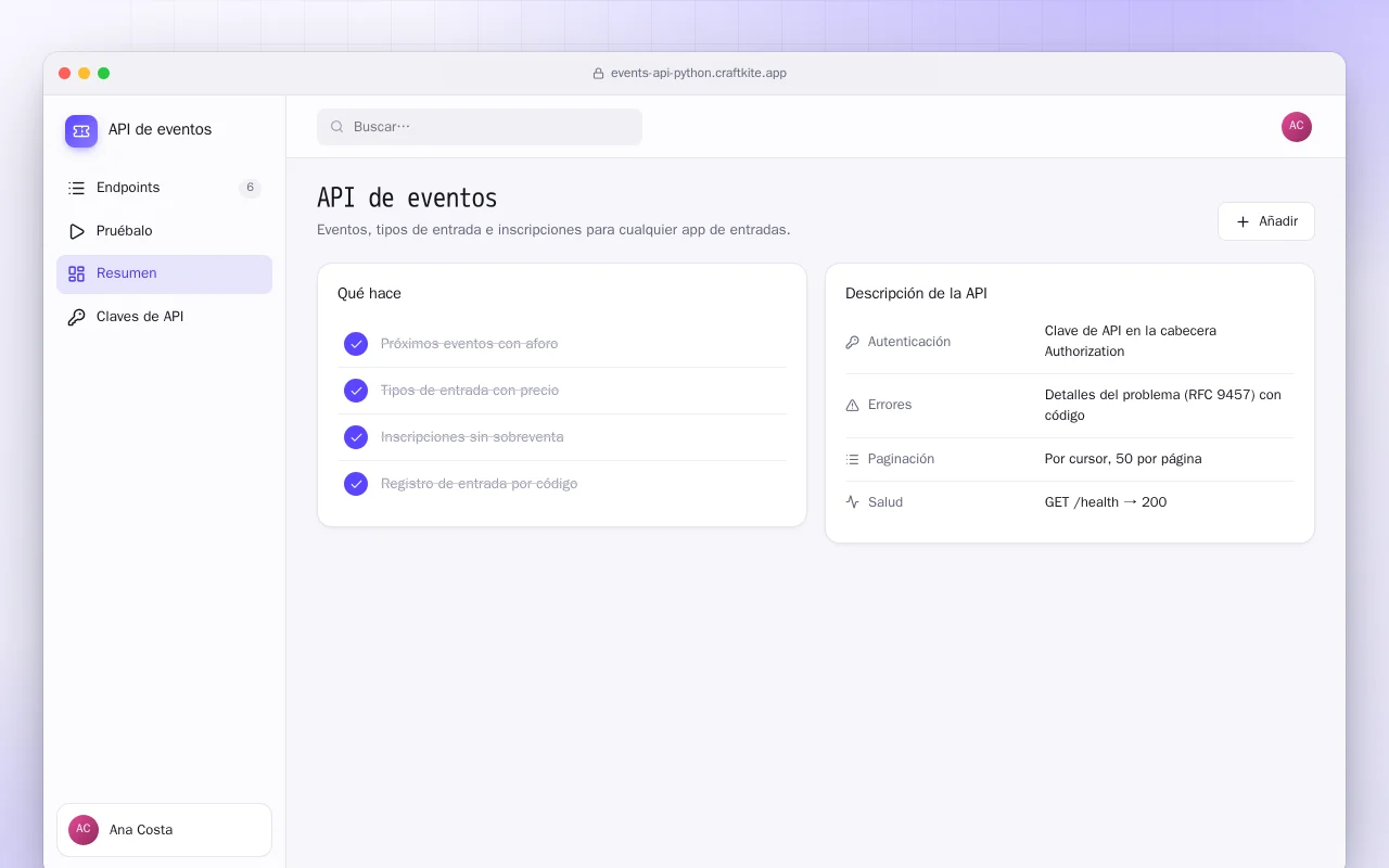 API de eventos (Python): la pantalla API de eventos
